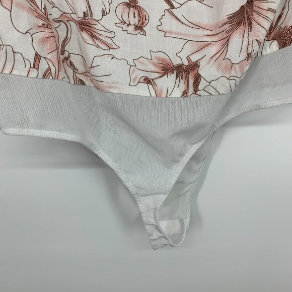 Lulus Bodysuit White Floral Print Ruffle Short Sleeve Tie Back - Picture 14 of 15